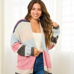 LONG SLEEVE COLORBLOCK STRIPES OPEN FRONT CARDIGAN